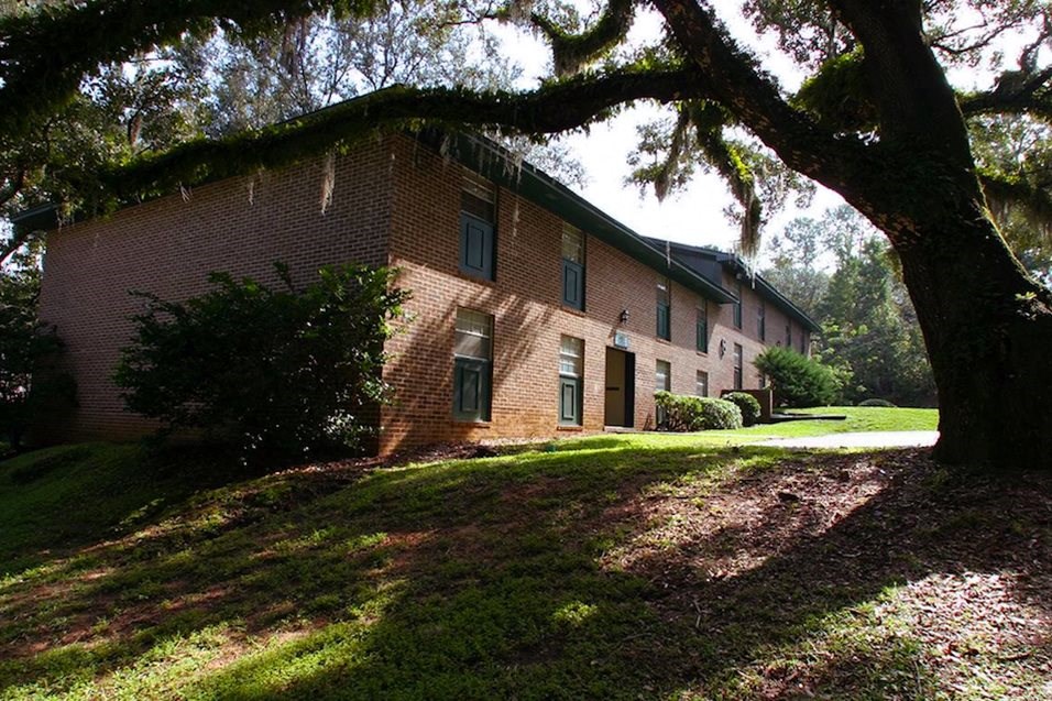 a large brick building with a tree in front of it