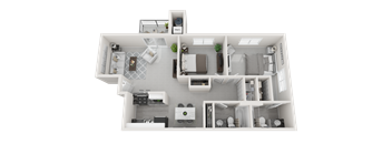 A 3D floor plan of a house with a kitchen, living room, and bathroom.