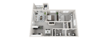 A 3D floor plan of a small apartment with a kitchen, living room, and bathroom.