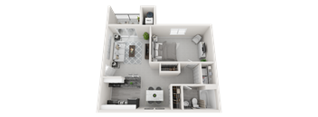 A 3D floor plan of a small apartment with a kitchen, living room, and bathroom.