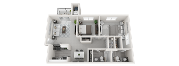 A 3D floor plan of a house with a kitchen, living room, and bathroom.