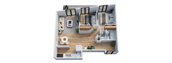 A 3D floor plan of a house with a kitchen, living room, and two bedrooms.