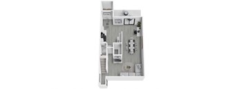 A white floor plan of a house with a kitchen, living room, and bathroom.