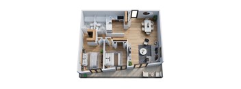 A top-down view of a modern apartment with a kitchen, living room, and dining area.