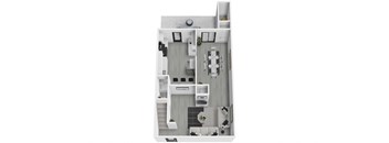 A floor plan of a small apartment with a kitchen, living room, and bathroom.
