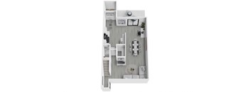 A white floor plan of a small apartment with a kitchen, living room, and bathroom.