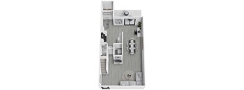 A floor plan of a small apartment with a kitchen, living room, and two bedrooms.
