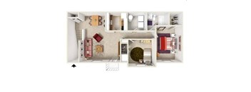 A top down view of a house interior with a kitchen, living room, and bathroom.