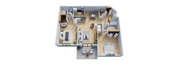 A top-down view of a modern apartment layout with a kitchen, living room, dining area, and bedrooms.