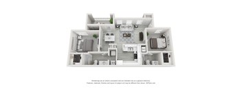 A 3D floor plan of a house with a kitchen, living room, and two bedrooms.