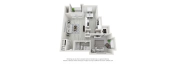 A 3D floor plan of a house with a kitchen, living room, and bathroom.