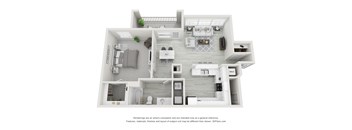 A 3D floor plan of a house with a kitchen, living room, and two bedrooms.