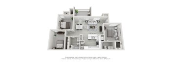 A 3D floor plan of a house with a kitchen, living room, and two bedrooms.