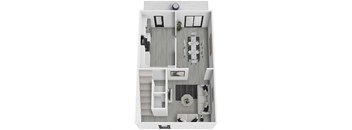 A top down view of a small apartment with a kitchen, living room, and bathroom.