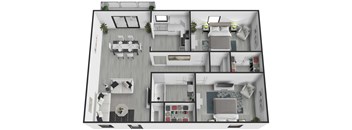 A top-down view of a modern apartment layout with a kitchen, living room, and bedrooms.