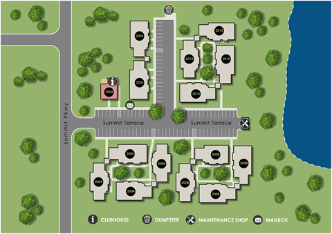 A map shows a layout of a residential area with a clubhouse, dumpster, maintenance shop, and mailbox.