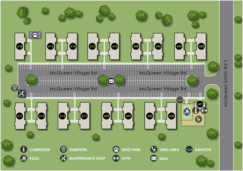 A map shows a neighborhood with streets, houses, and amenities like a clubhouse and a pool.