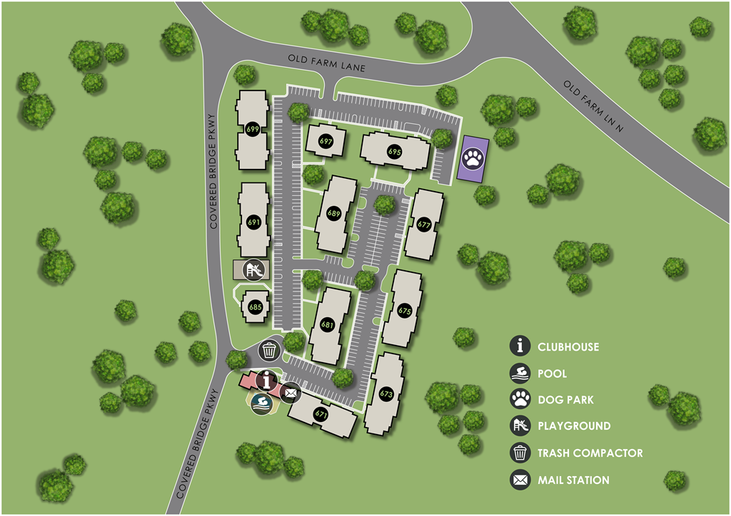 A map shows a layout of a park with a clubhouse, pool, dog park, playground, trash compactor, and mail station.