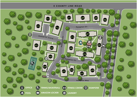 A map of a community with a tennis/basketball court, fitness center, and Amazon locker.