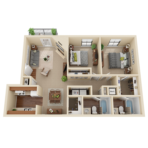 a 3d image of our 1 bedroom floor plan