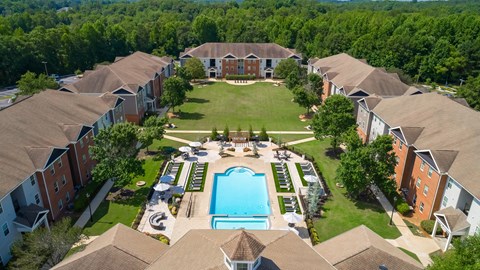 Aerial view of The Foundry with central pool in Carrollton GA