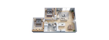 A top-down view of a modern apartment layout with a living room, kitchen, dining area, and bedrooms.