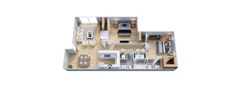 A top-down view of a modern apartment layout with a living room, kitchen, dining area, and bedrooms.