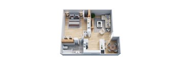 A top-down view of a small apartment with a living room, kitchen, and bedroom.