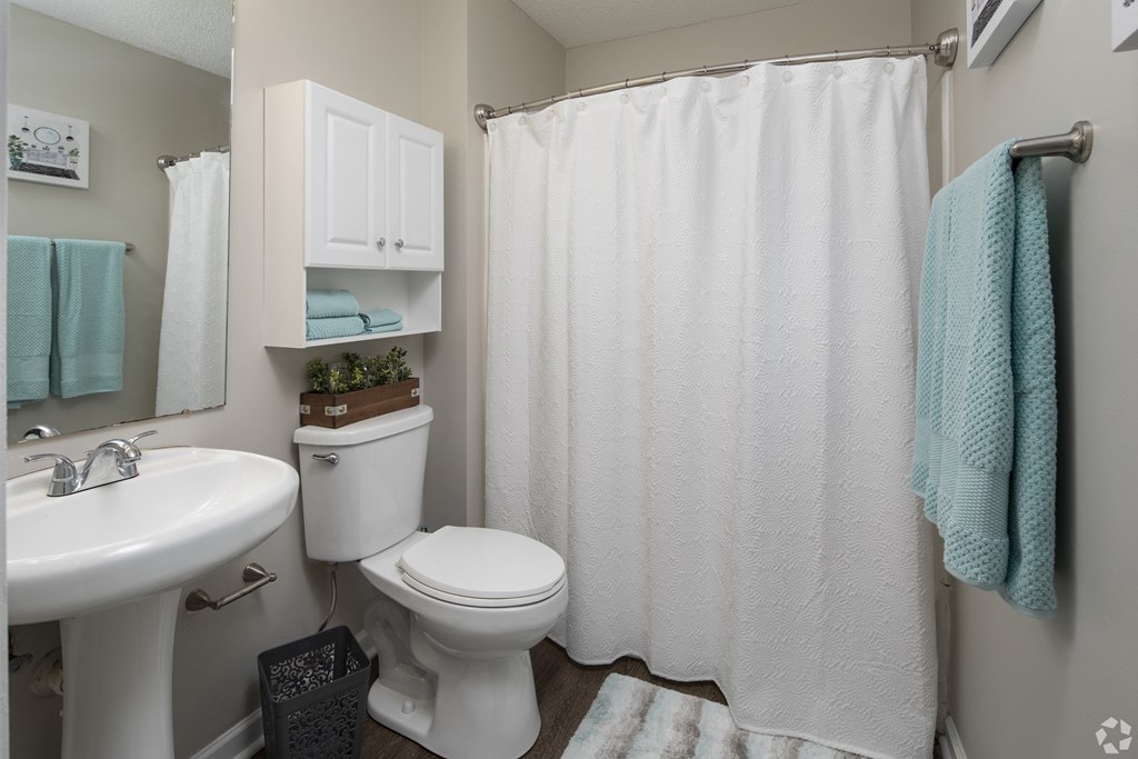 a bathroom with a white shower curtain and a toilet and sink