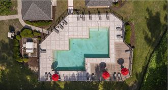arial view of a pool in a backyard