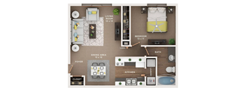 A floor plan of a small apartment with a living room, dining area, kitchen, bathroom, and bedroom.