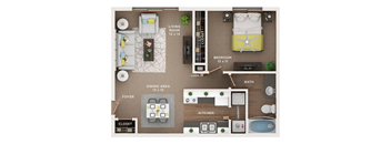 A floor plan of a small apartment with a living room, dining area, kitchen, bathroom, and bedroom.