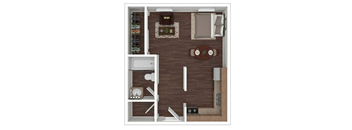 A top-down view of a room with a couch, coffee table, and a bed.