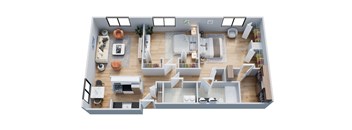 A top-down view of a well-organized apartment with a kitchen, living room, and bedrooms.