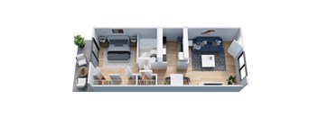 A top-down view of a modern apartment layout with a living room, kitchen, dining area, and bedrooms.