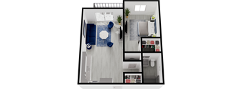 a floor plan of a bedroom and living room with a blue couch