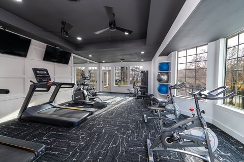 A spacious gym with treadmills, exercise bikes, and a television.