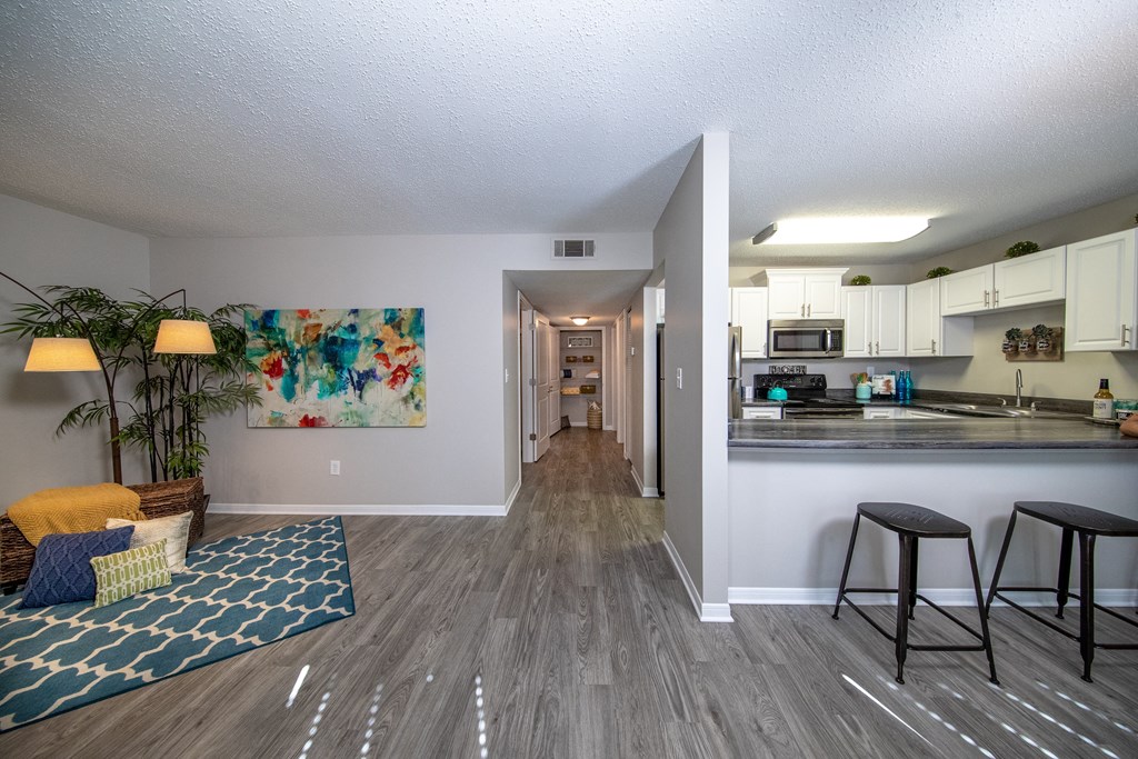 the living room and kitchen of a apartment with a view of the kitchen and a