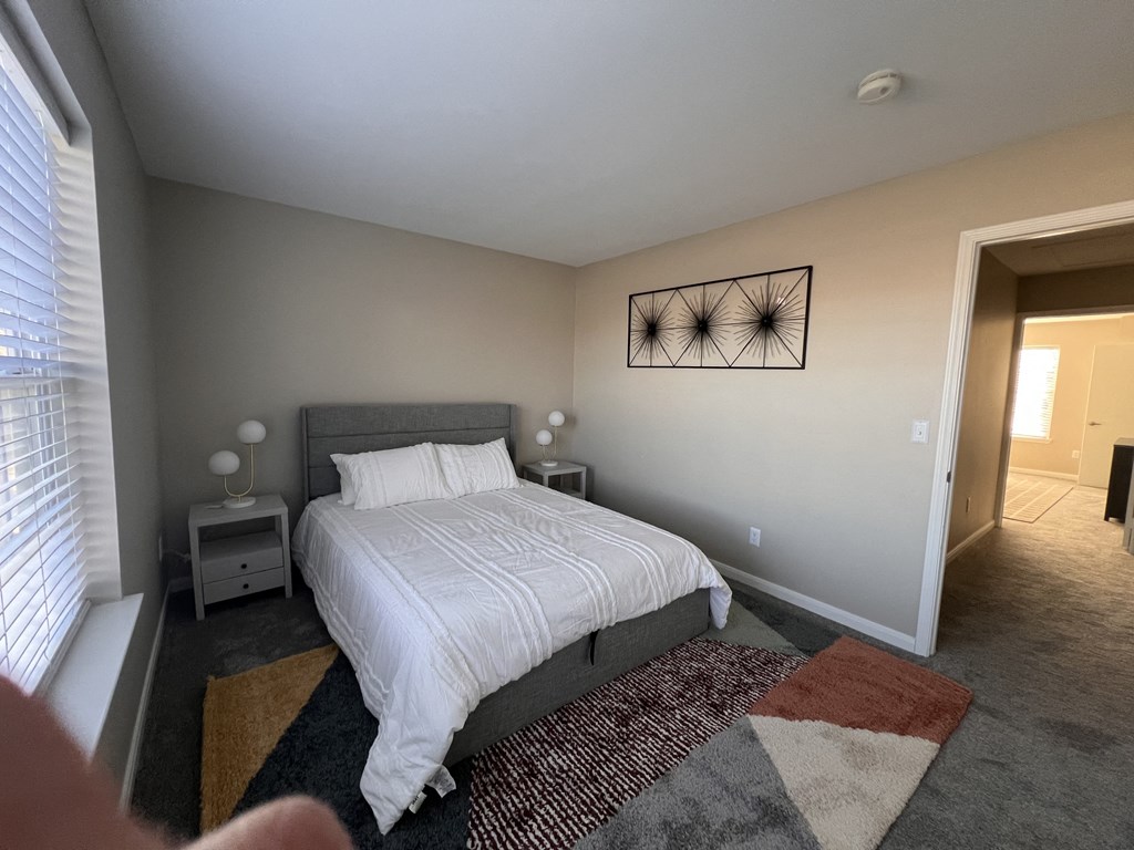 a bedroom with a large bed and a rug