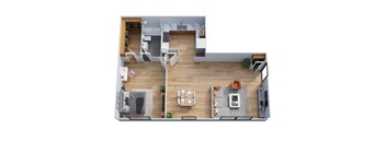 A top-down view of a modern living room with a grey sofa, a coffee table, and a TV.