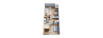 A floor plan of a small apartment with a kitchen, living room, and bedroom.