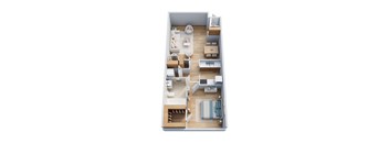 A top-down view of a small apartment with a bedroom, living room, and kitchen.