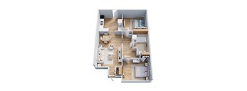 A top-down view of a modern apartment layout with a kitchen, living room, and bedrooms.