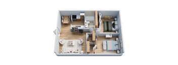 A top-down view of a small apartment with a living room, kitchen, and bedroom.