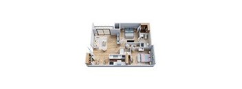 A small apartment with a kitchen, living room, and bedroom.