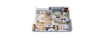 A top-down view of a small apartment with a bedroom, living room, and kitchen.