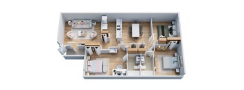 A 3D floor plan of a house with a kitchen, living room, dining room, and bedrooms.