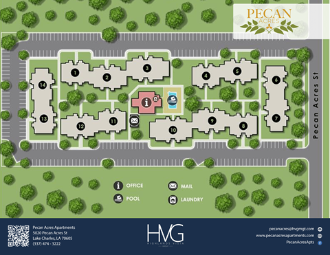 A map of Pecan Acres Apartments showing the layout of the buildings and amenities.