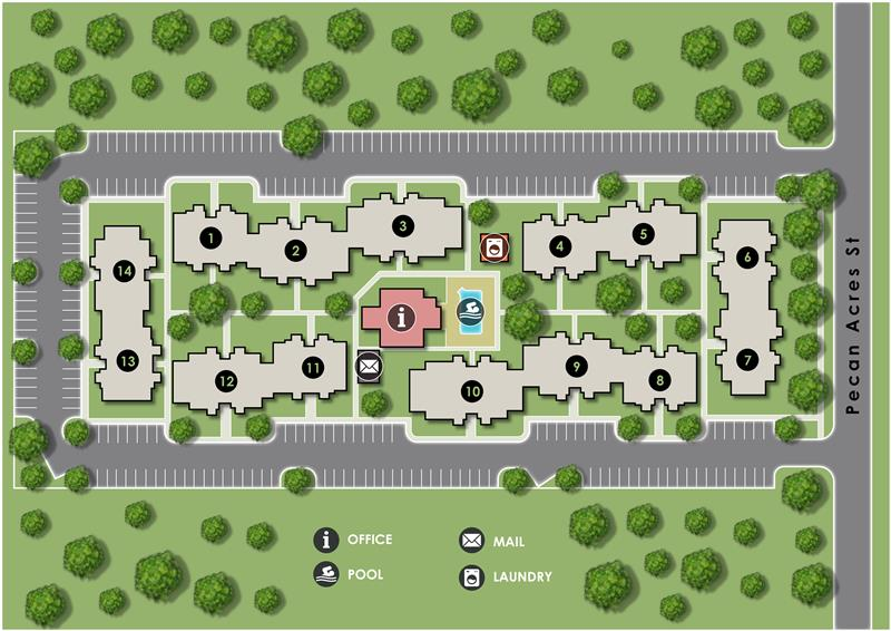A map of a building with a pool and laundry facilities.