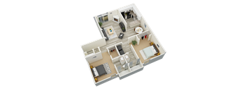 a spacious two bedroom apartment with two bathrooms and a living room with a fireplace and a balcony